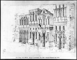 رسم واجهة معرض أوفيزي ، صممه جورجيو فاساري (1511-74) وأكمله برناردو بونونتالنتي (1531-1608) وألفونسو باريجي (ت 1590) عام 1580 بواسطة فينتشينزو سكوزيزي